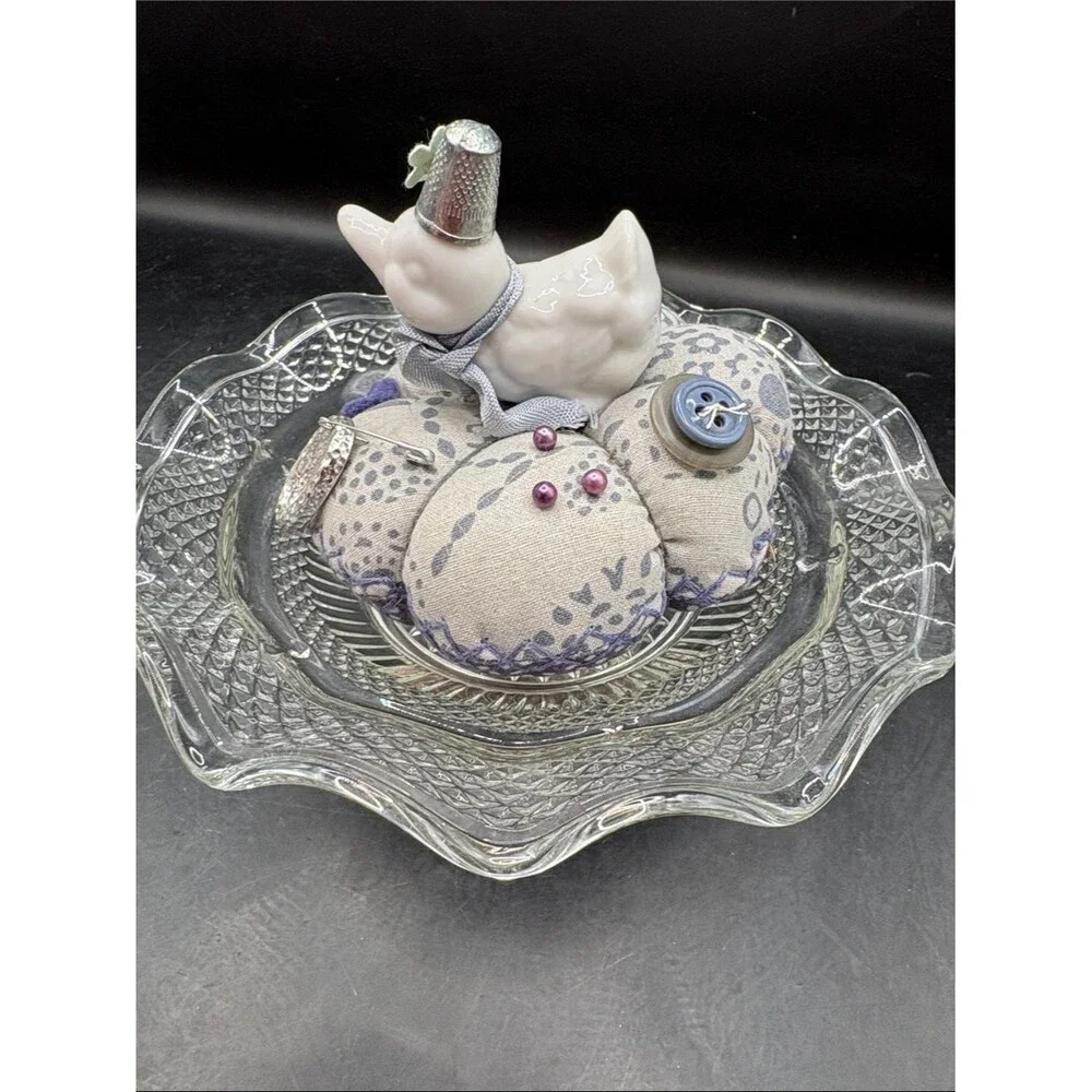 Handcrafted Ceramic Duck Pin Cushion in Lavender and Cream on Glass Dish